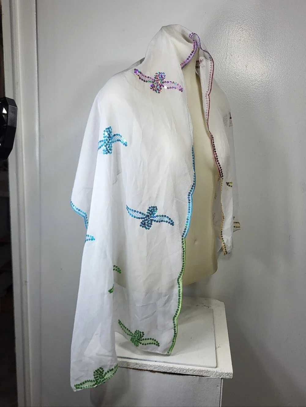 White Sheer Lightweight Scarf with Multicolor Sequin 19